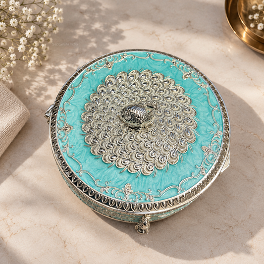 Blue Peacock Enamel Dry Fruit Box (8 in) by Saptarishi India