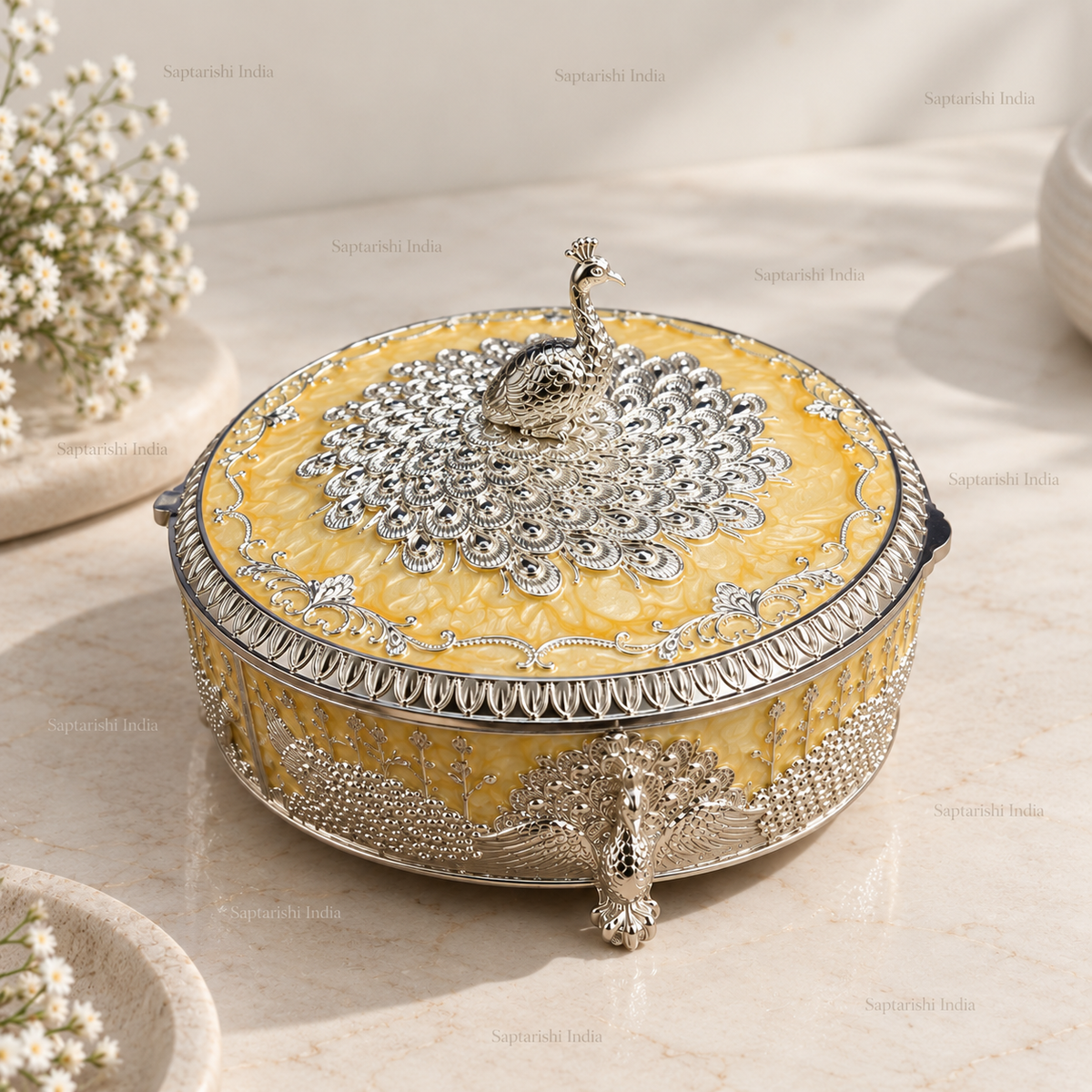 Peach Peacock Enamel Dry Fruit Box (6 in) by Saptarishi India