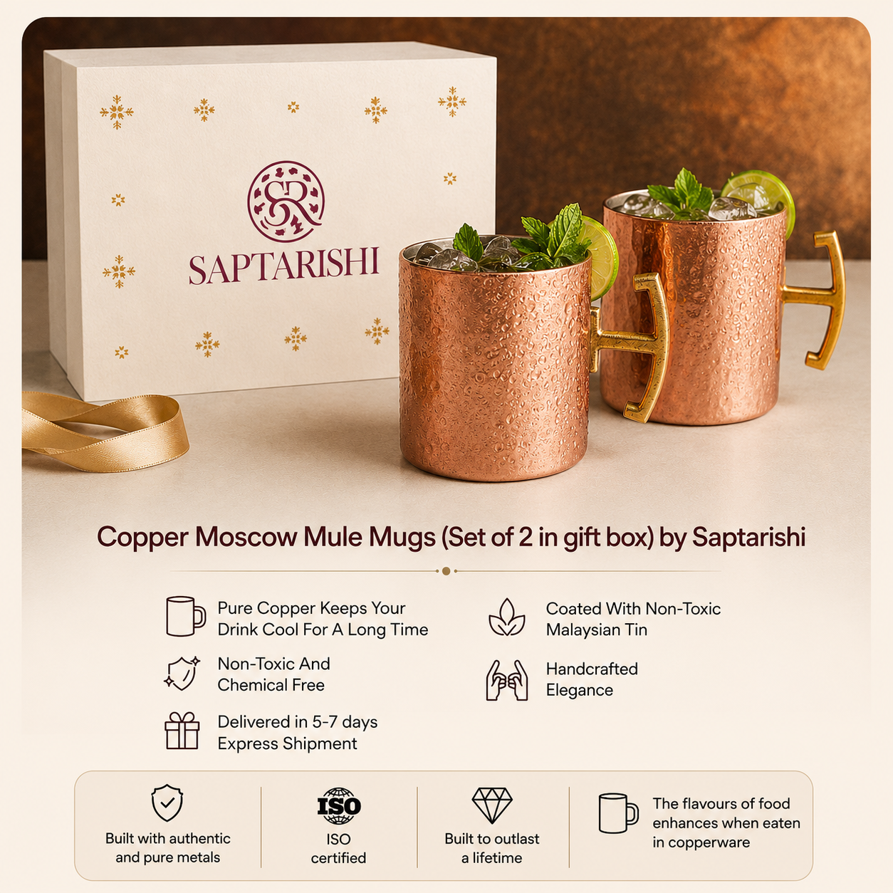 Pure Copper Moscow Mule Mug Set of 2 with Premium Gift Box | Hammered Rose Gold Finish | Brass Handles | Tin-Lined Interior by Saptarishi