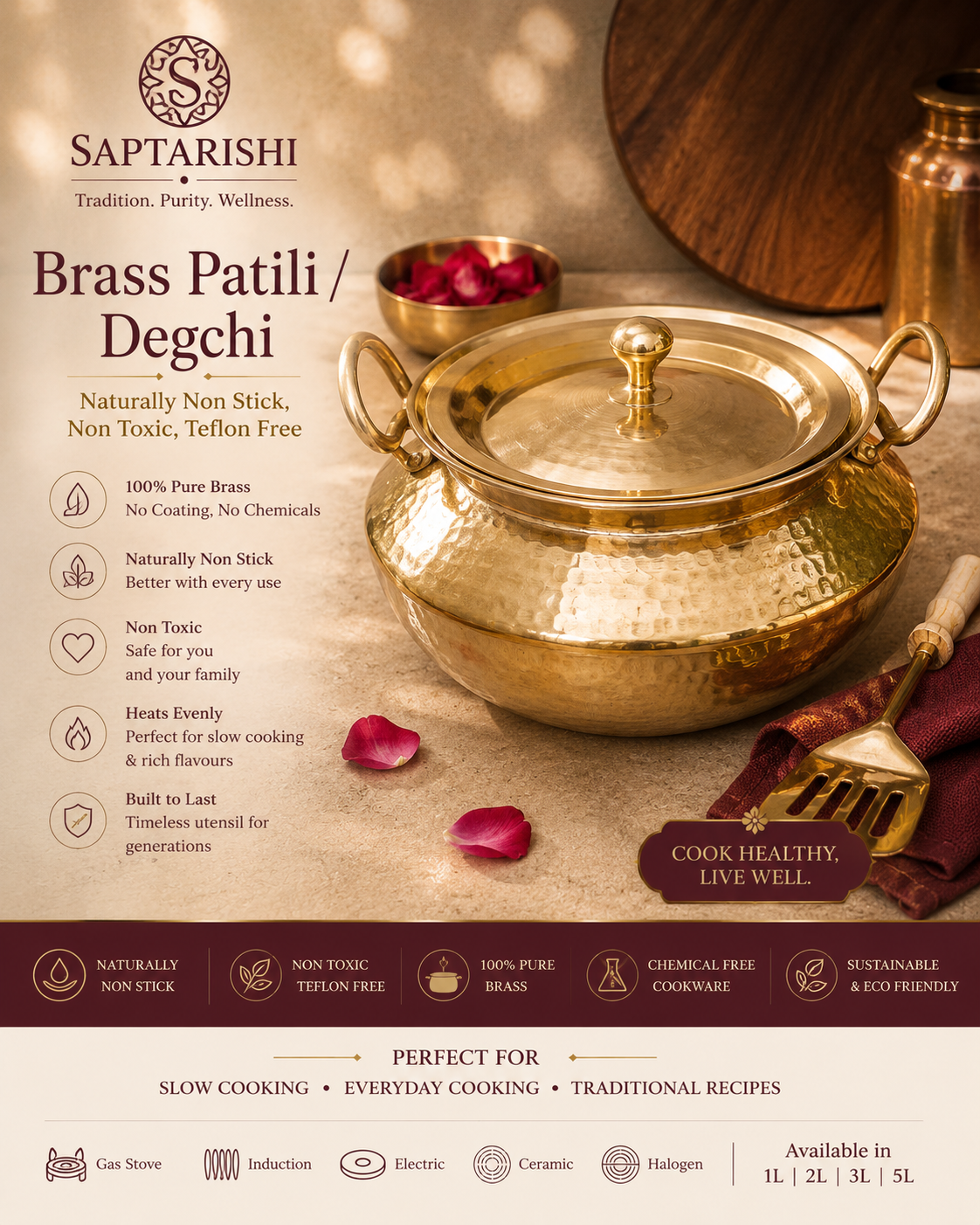 Handcrafted Brass Patili (Degchi) with Lid | Naturally Non-Stick & Tin Coated | Saptarishi