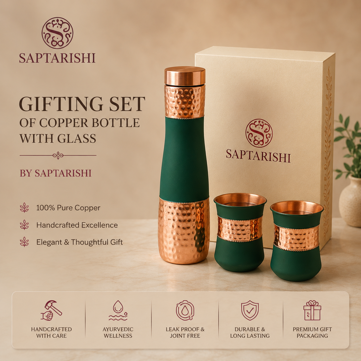 Premium Copper Bottle Gift Set | 1L Bottle with 2 Glasses | Handcrafted | Green Finish by Saptarishi
