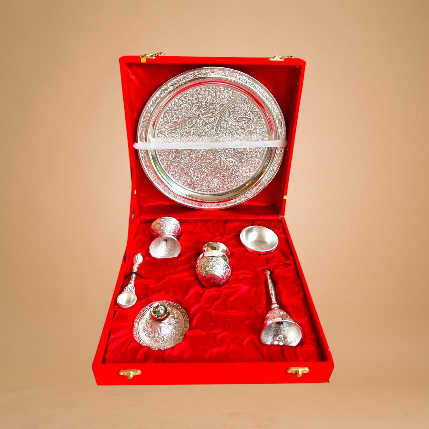Silvery Shiny Pooja Thali Set with Toppers (Velvet Gift Box Packed)