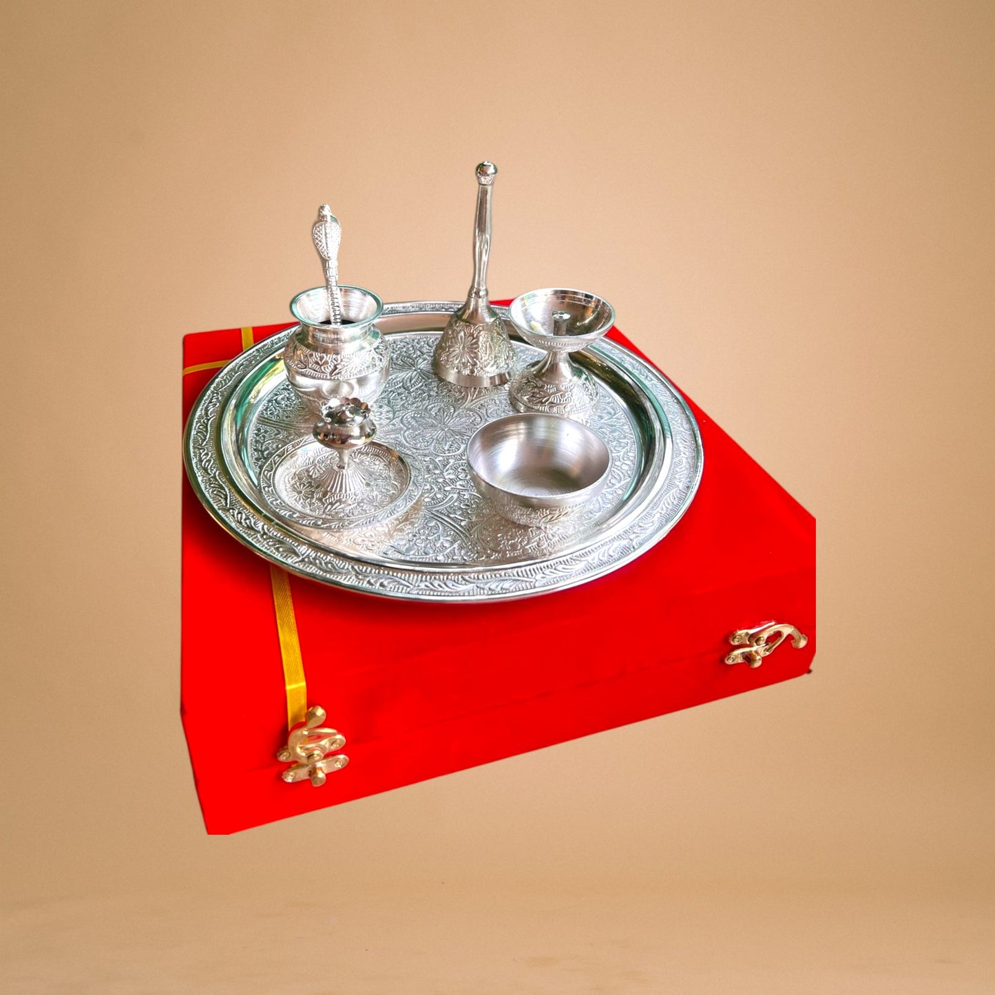 Silvery Shiny Pooja Thali Set with Toppers (Velvet Gift Box Packed)
