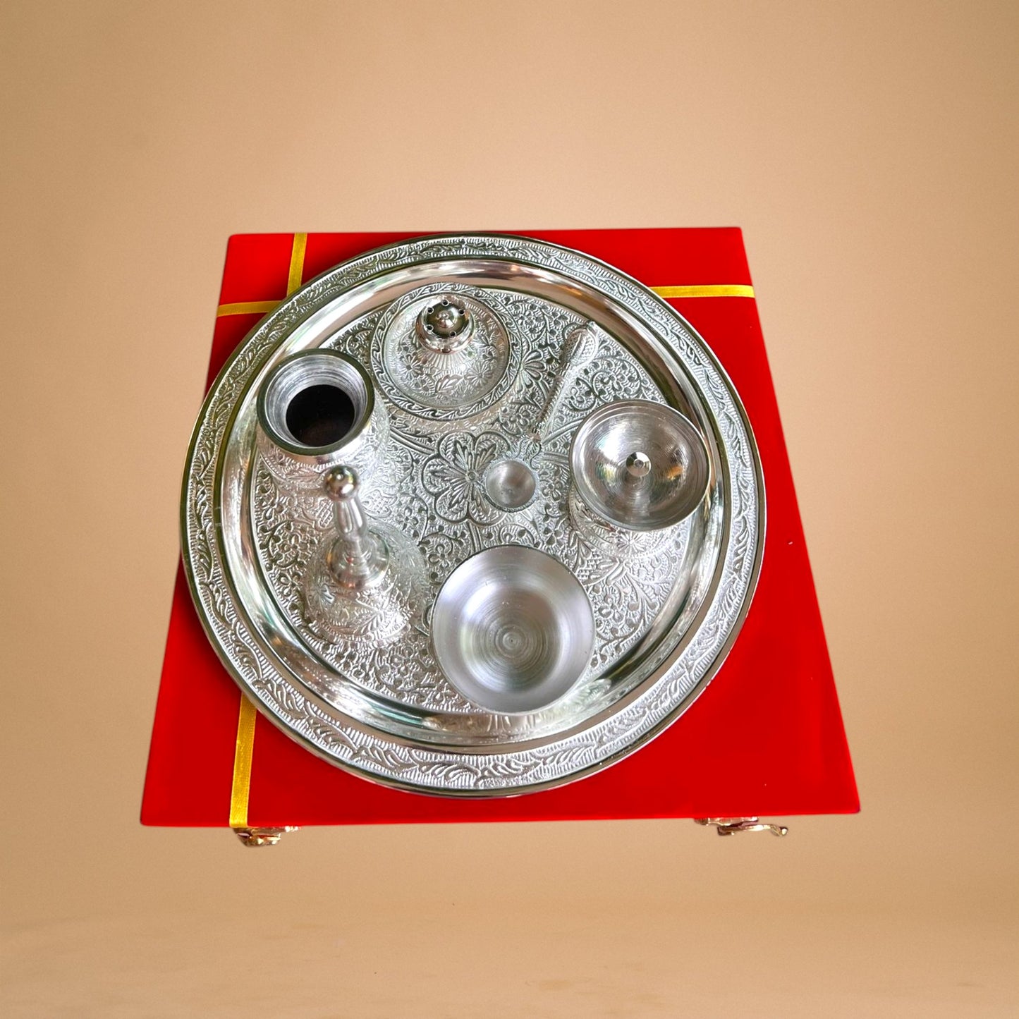 Silvery Shiny Pooja Thali Set with Toppers (Velvet Gift Box Packed)