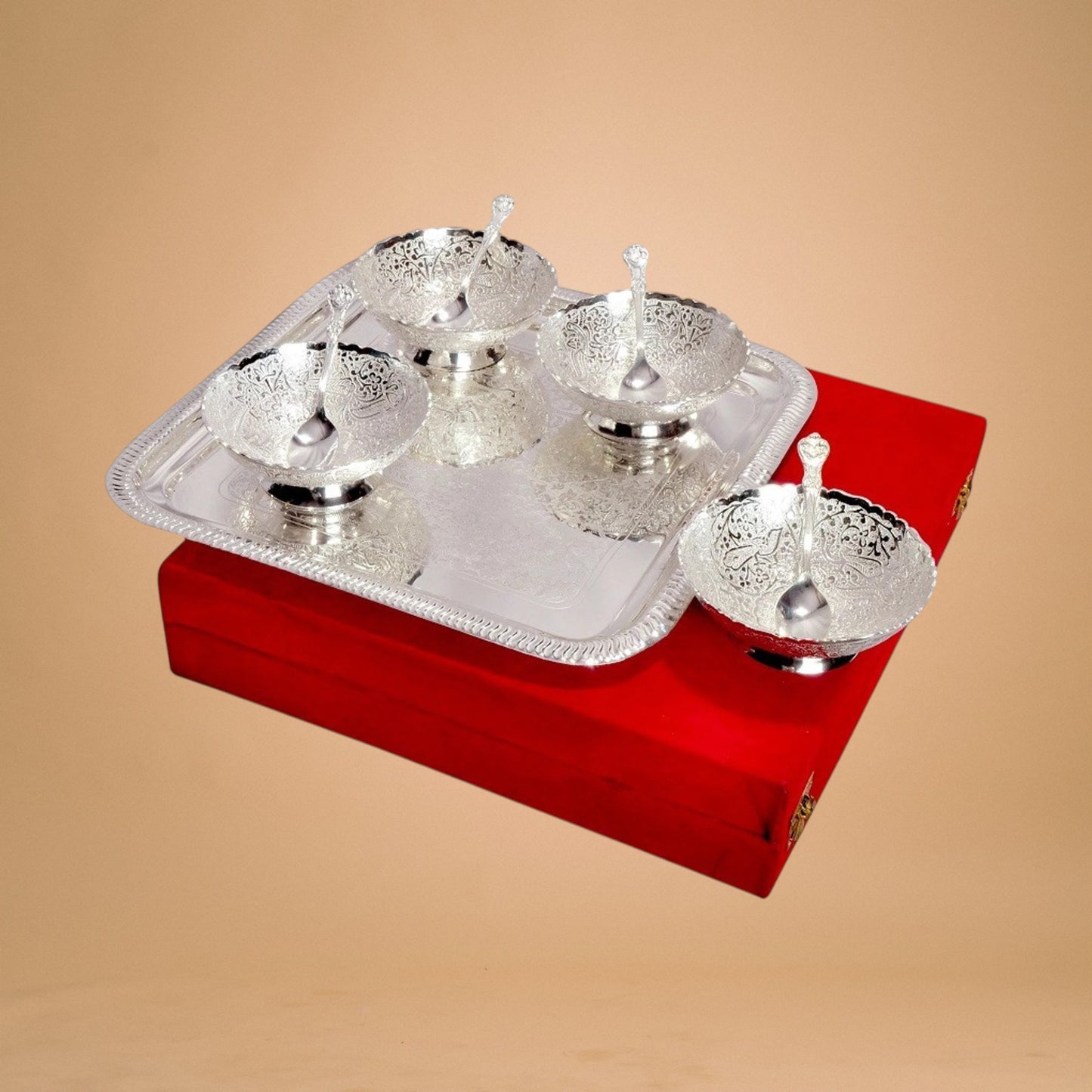 Silver Embellished 4 Bowl Set with 4 Spoons and Serving Tray, Dry Fruit Sweet Serving Set, Red Velvet Gift Box Packing