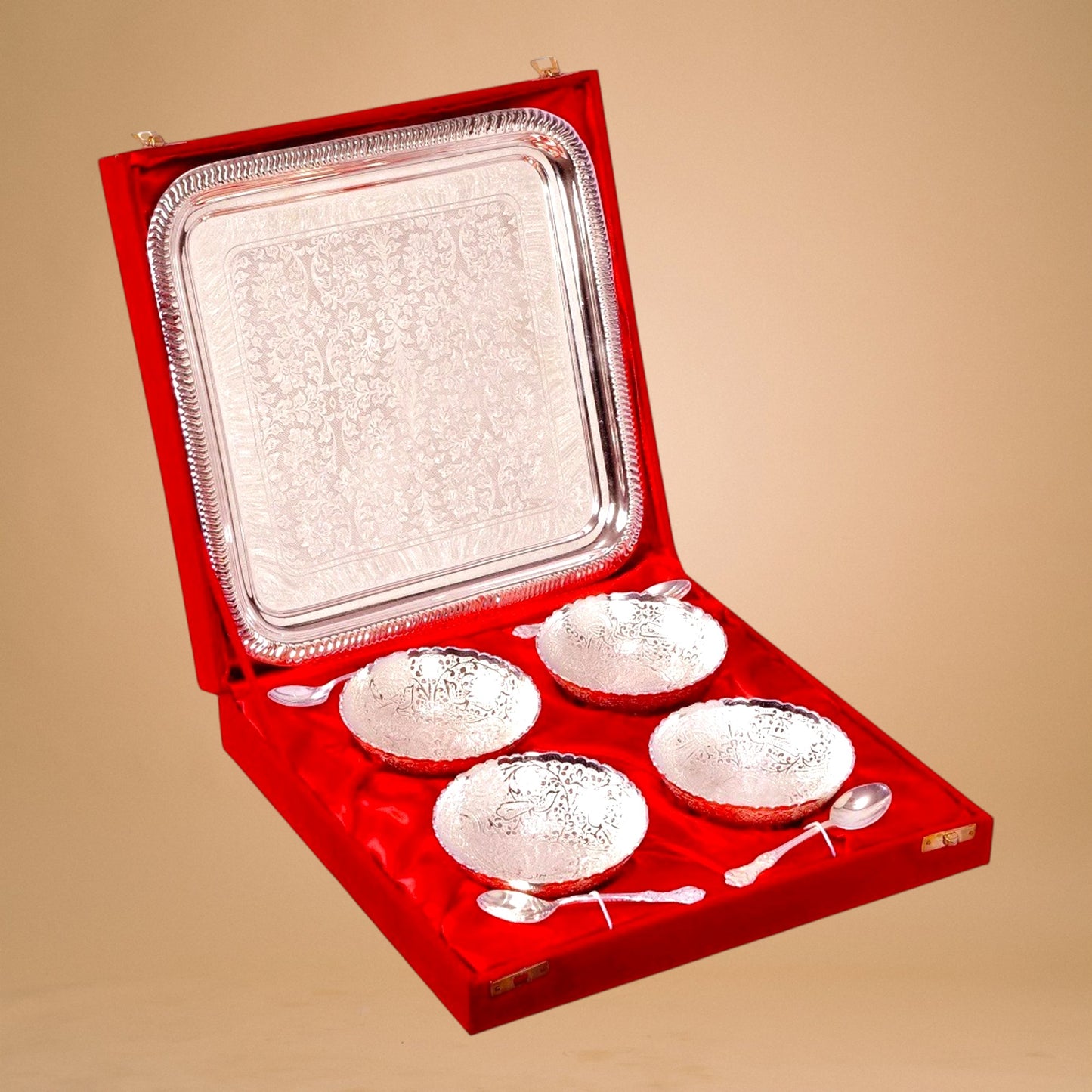Silver Embellished 4 Bowl Set with 4 Spoons and Serving Tray, Dry Fruit Sweet Serving Set, Red Velvet Gift Box Packing