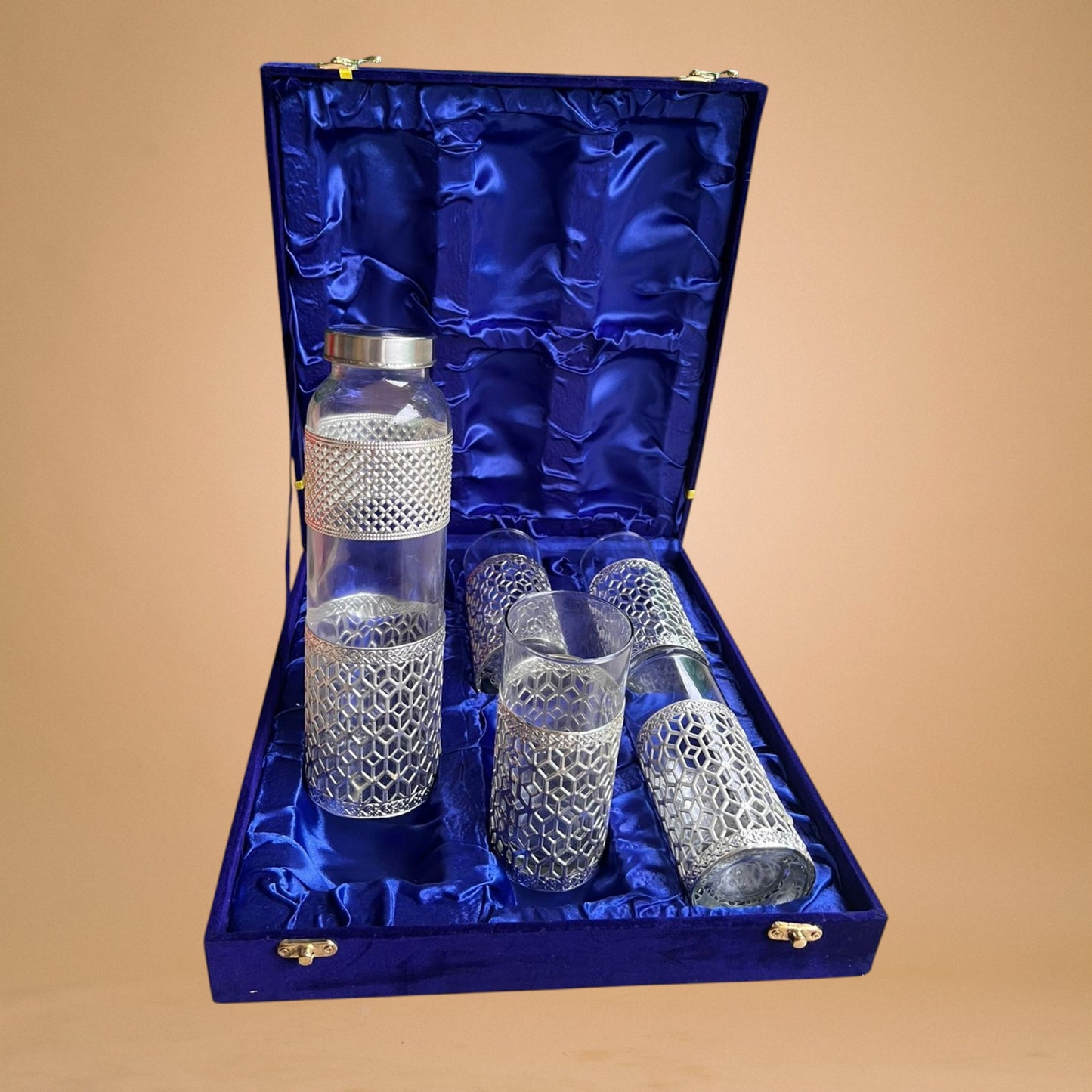 German Silver Finish Bottle & Glass Set (5 Pieces)