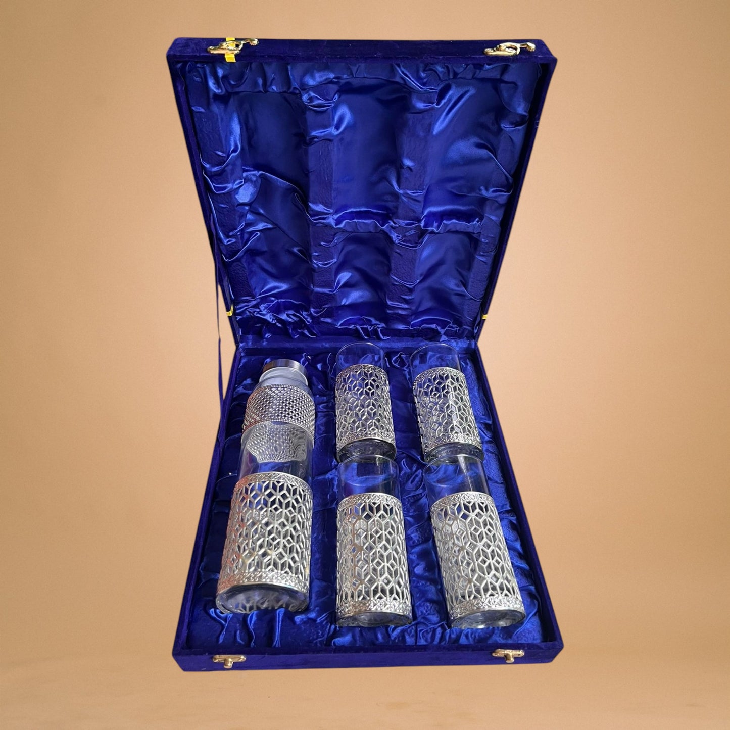 German Silver Finish Bottle & Glass Set (5 Pieces)