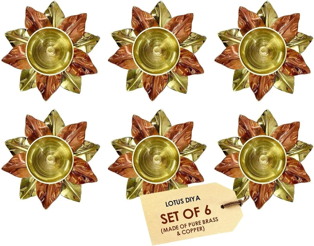 Pure Brass & Copper Diya Set (Set of 6 | Window Box Packed)