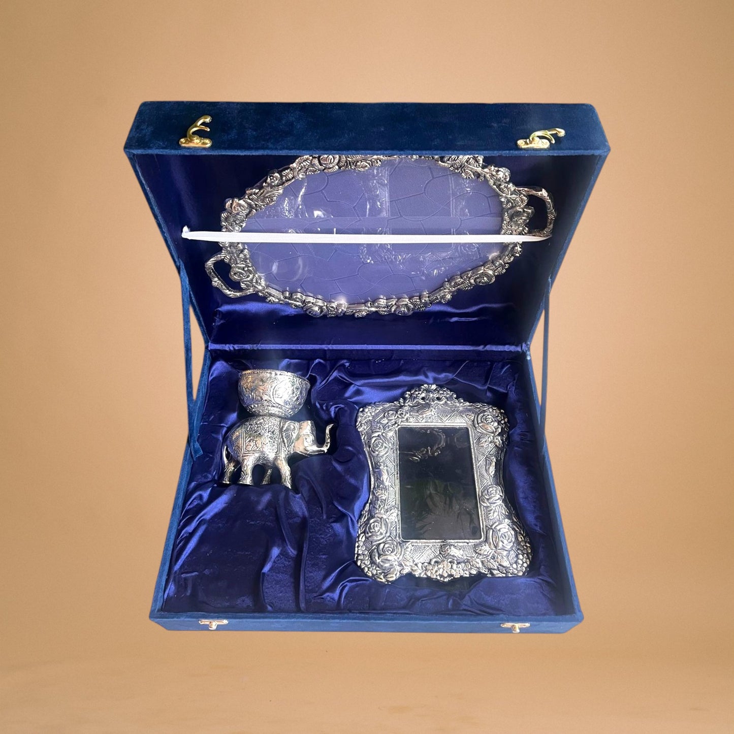 Beautiful Elephant Bowl, Oval Tray & Rose Frame Set (Velvet Box Packed)