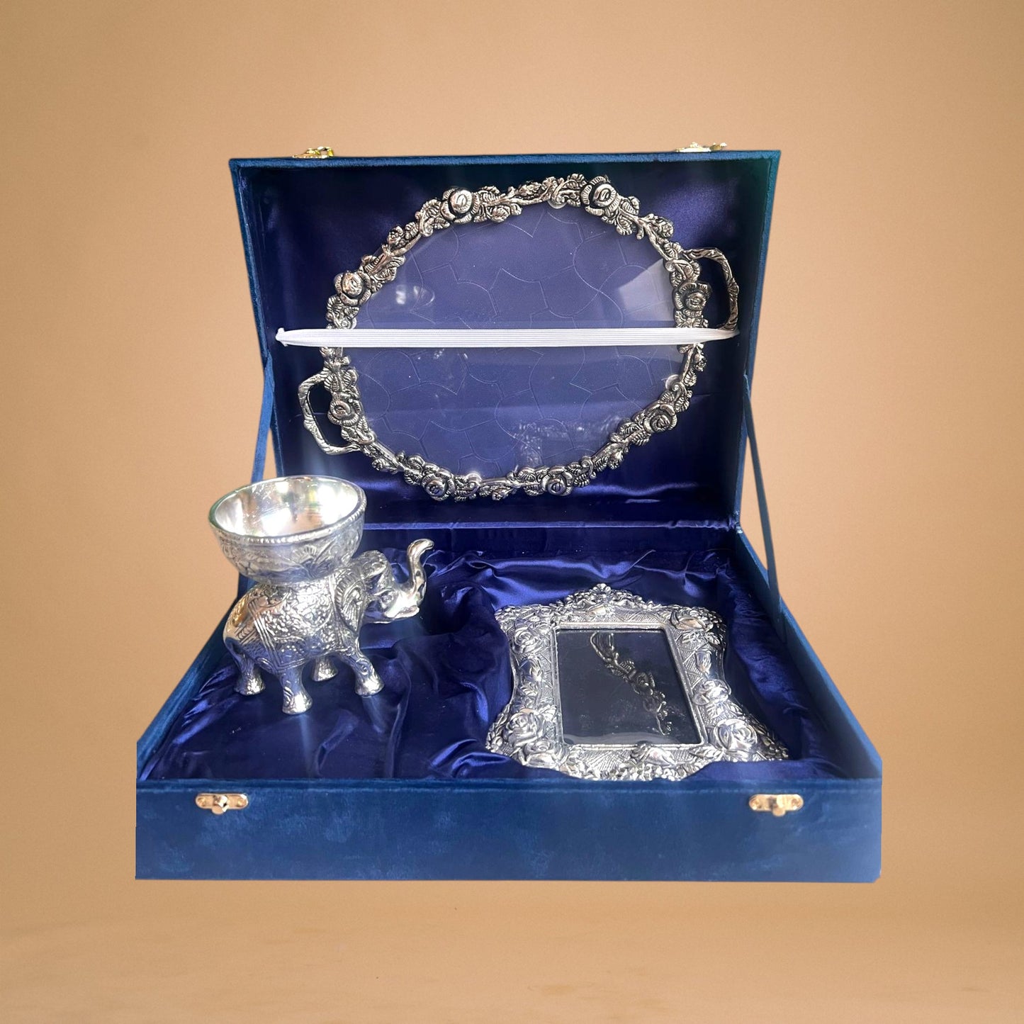 Beautiful Elephant Bowl, Oval Tray & Rose Frame Set (Velvet Box Packed)