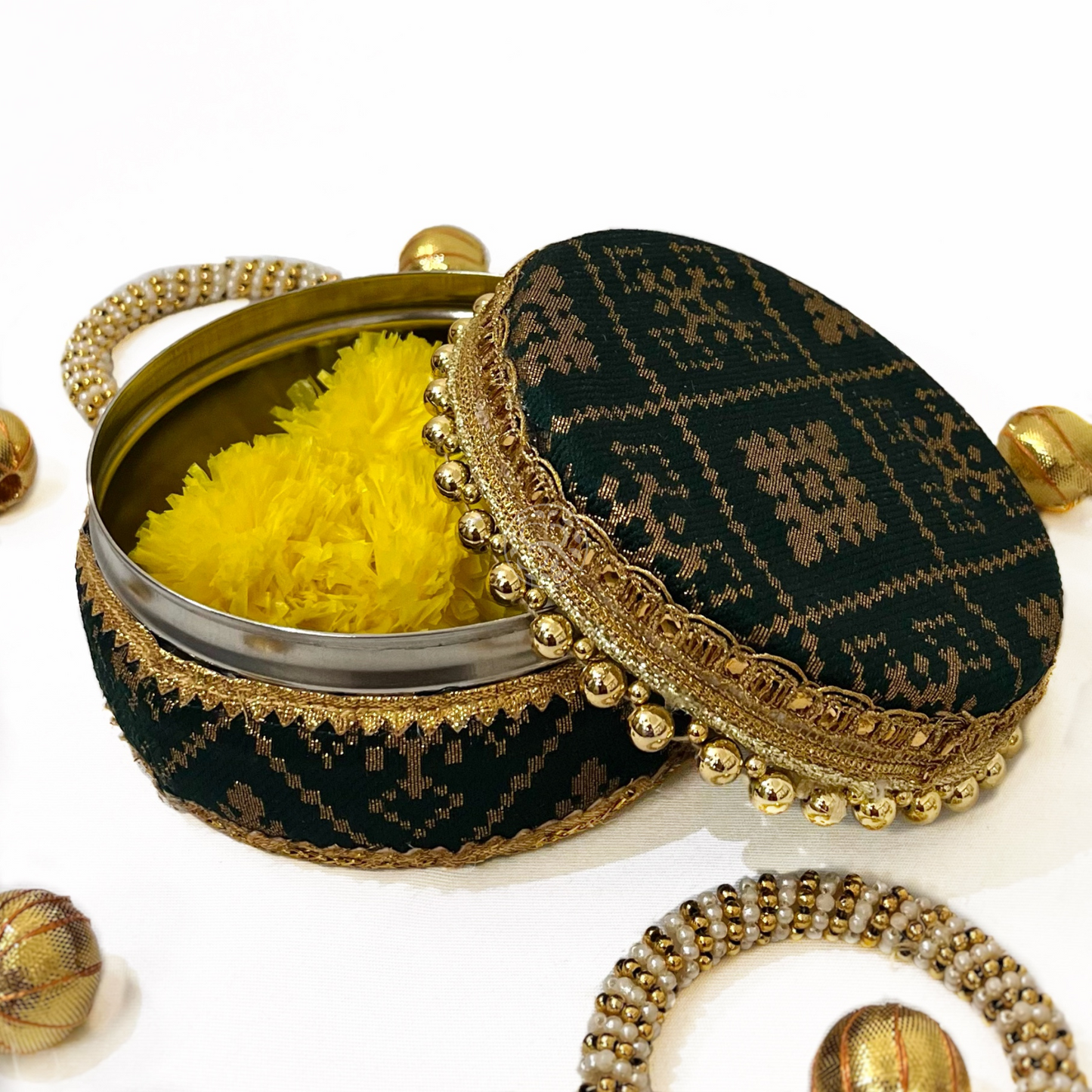 Green Brocade Sweet Steel Box By Saptrishi