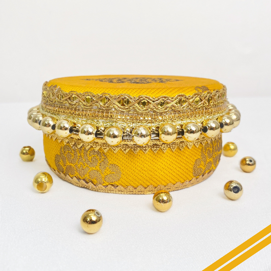 Yellow Brocade Steel Box by Saptrishi