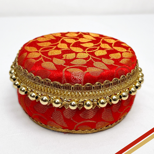 Red Brocade With Golden Touch Steel Box by Saptrishi