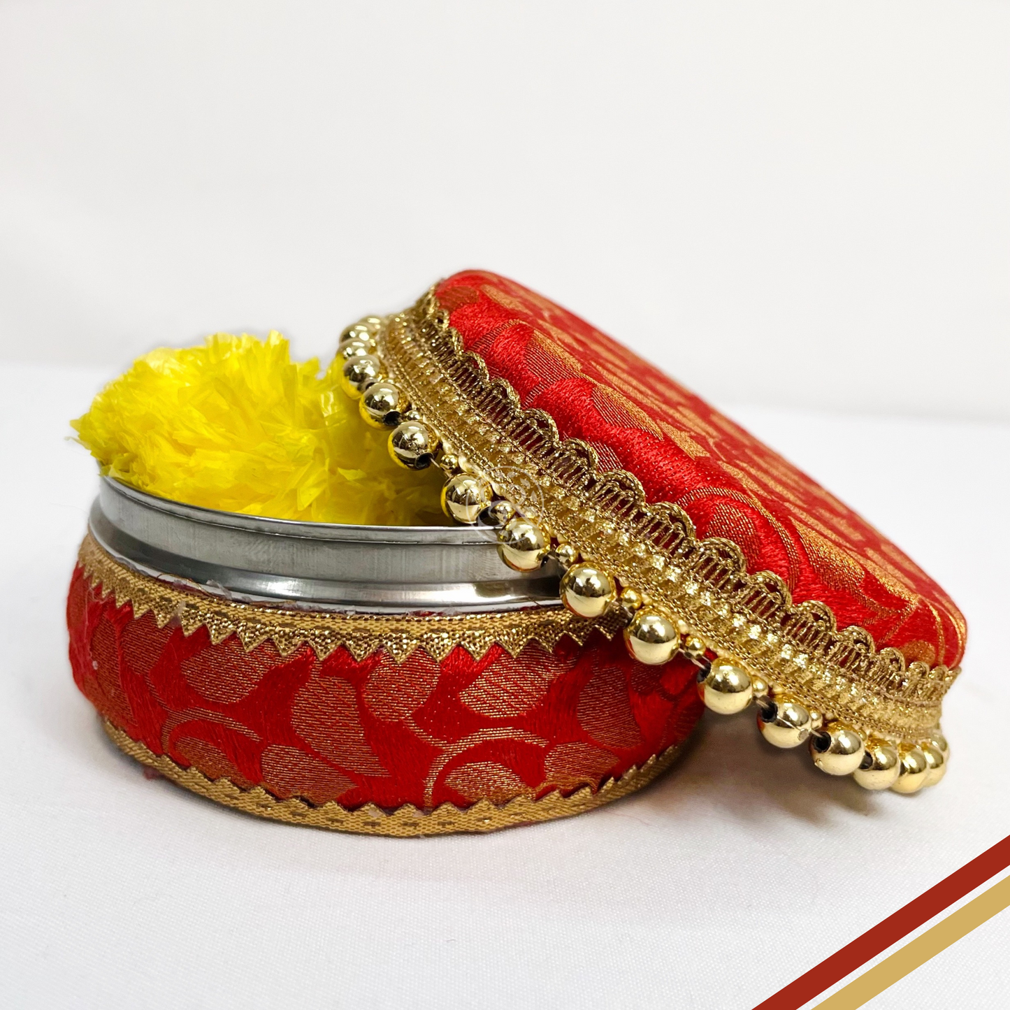 Red Brocade With Golden Touch Steel Box by Saptrishi