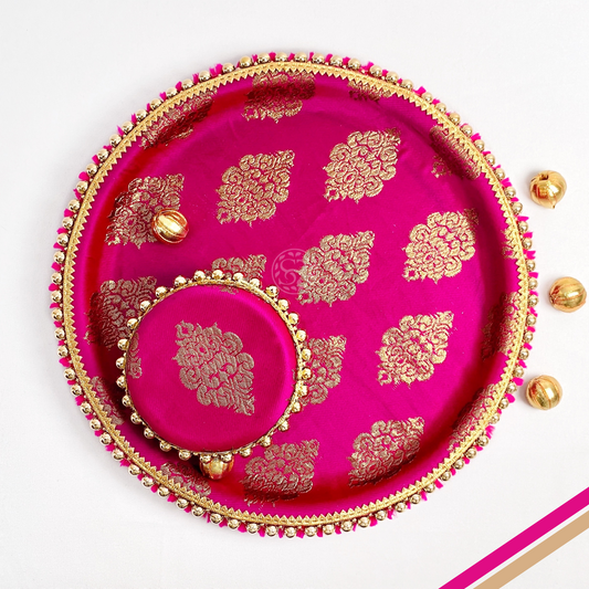 Rani Pink Brocade Pooja Thali with One Steel Box 200g by Saptrishi (1pc)