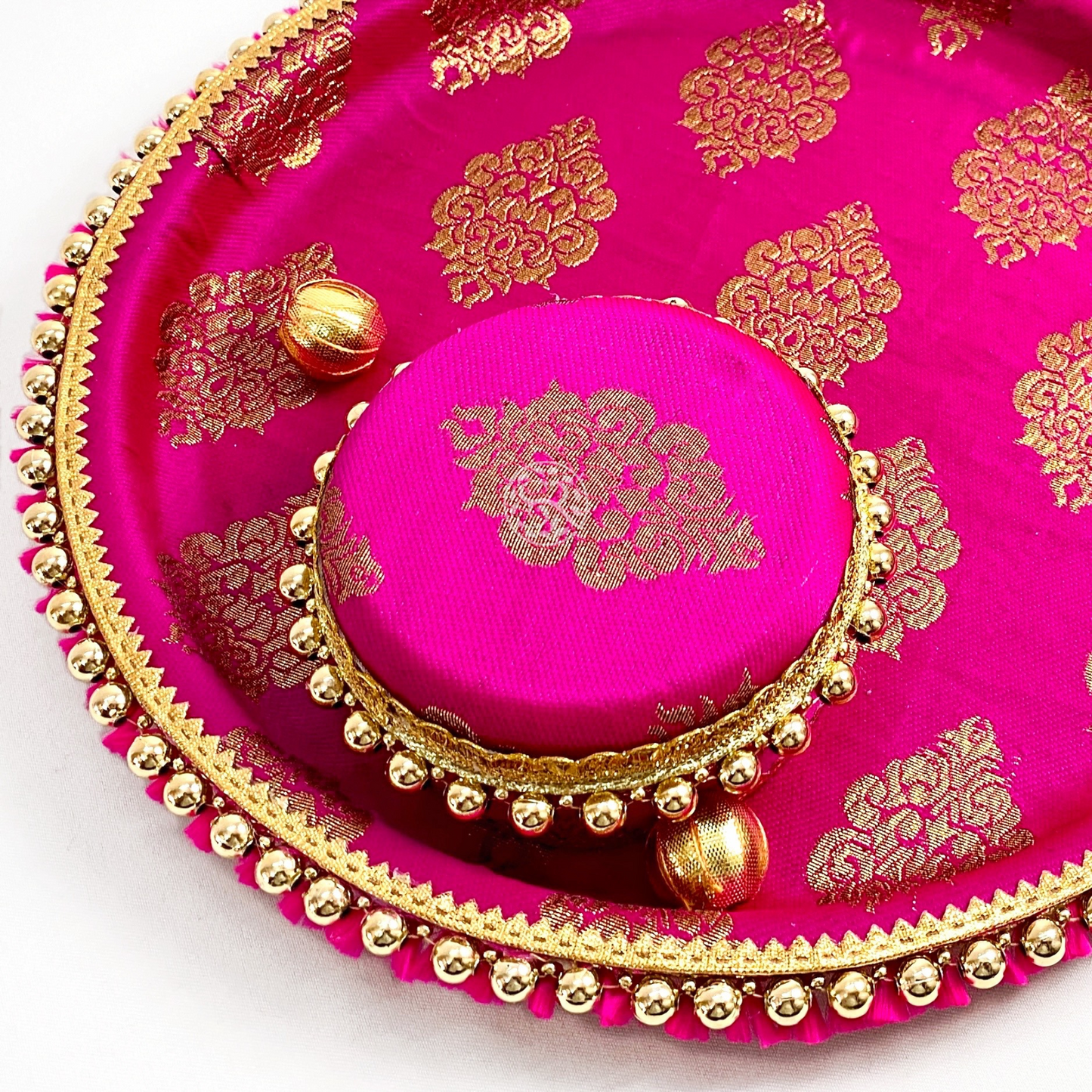 Rani Pink Brocade Pooja Thali with One Steel Box 200g by Saptrishi (1pc)