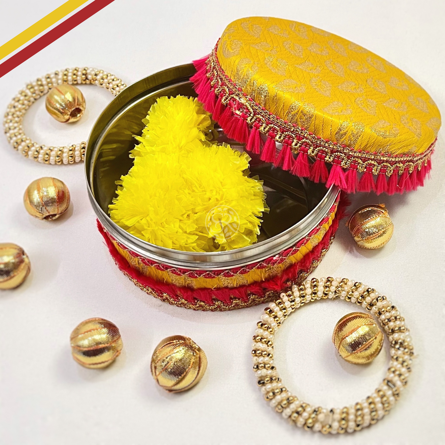 Yellow Brocade Sweet Steel Box By Saptrishi
