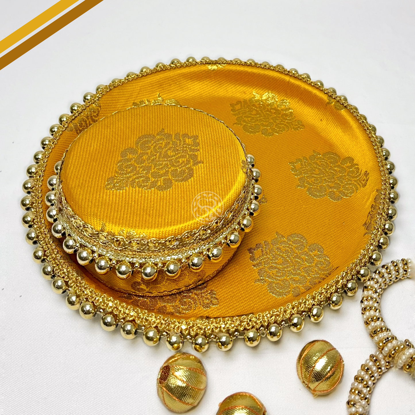 Haldi Yellow Brocade Pooja Thali with One Steel Box 200g by Saptrishi (1pc)