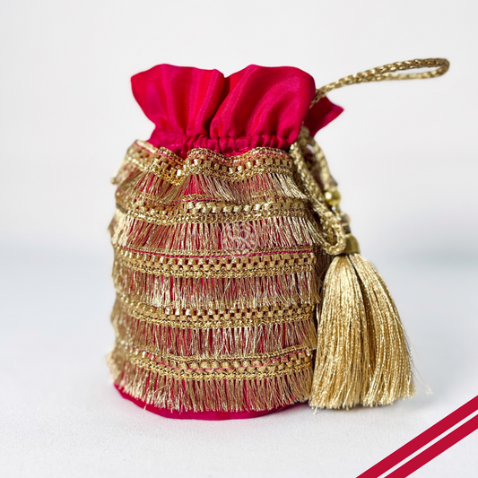 Rani Pink & Gold Fringe Potli Bag by Saptrishi (2pc)