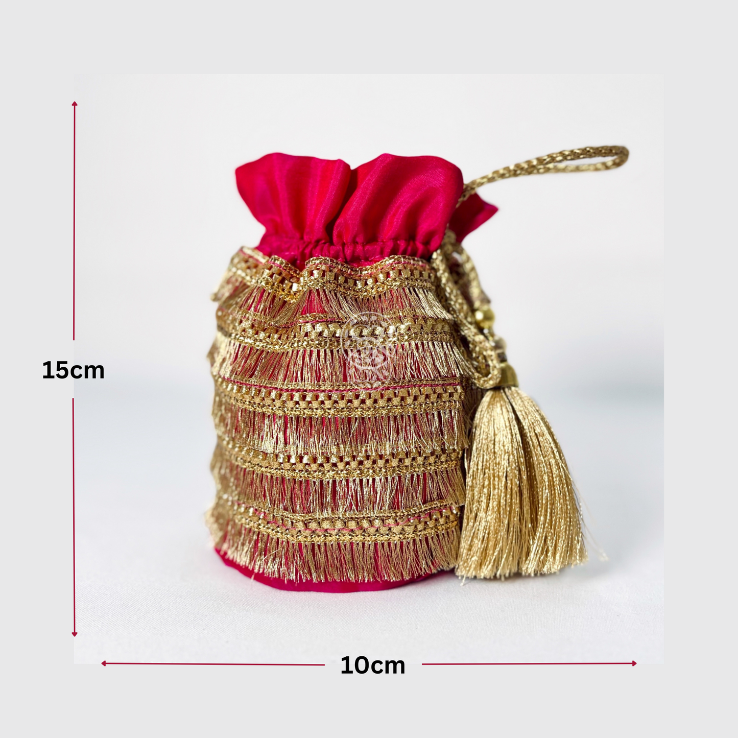 Rani Pink & Gold Fringe Potli Bag by Saptrishi (2pc)