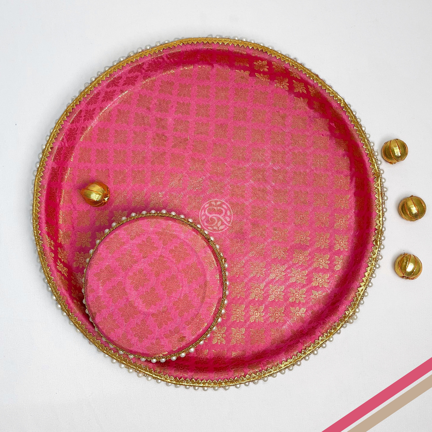 Baby Pink Brocade Pooja Thali with One Steel Box 200g by Saptrishi (1pc)