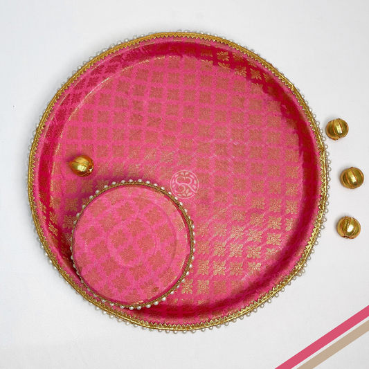 Baby Pink Brocade Pooja Thali with One Steel Box 200g by Saptrishi (1pc)